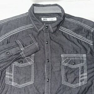 BKE Men Button Up Shirt Large Gray Pearl Snap Athletic Fit‎ Pockets Buckle
